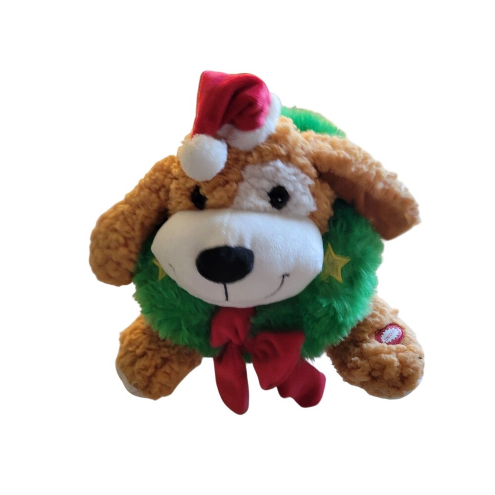 Goffa Plush Animated Puppy Dog Christmas Wiggles Light Up Wreath 10"